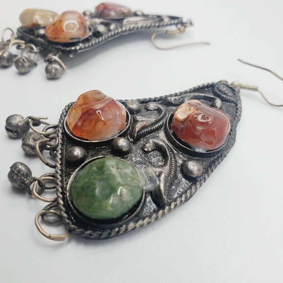 Artisan natural stones hand cut silver earrings butterfly wings vintage stunning - Picture 9 of 10